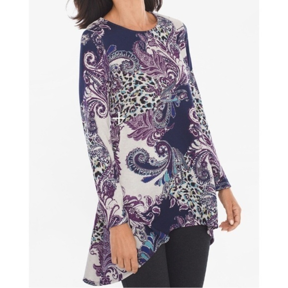 Chicos Sz 3 X-LARGE Paisley Button-Back Tunic High Low Hem Stretchy Pockets Boho